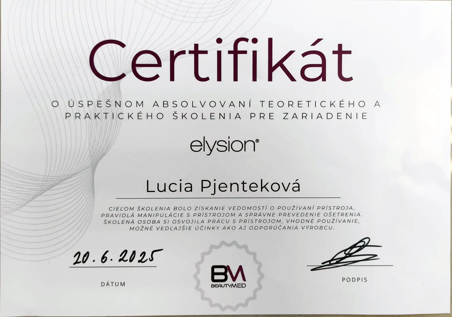 Certifikát eVision / Elysion - školenie pre zariadenie