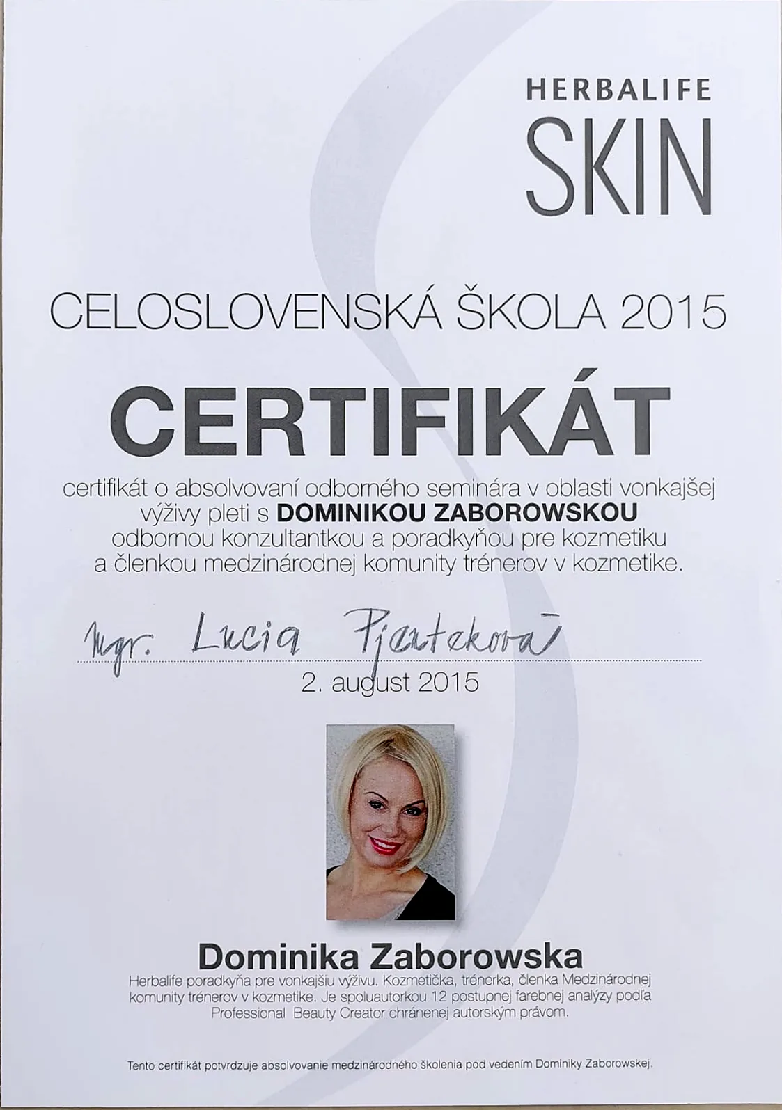 Certifikát Herbalife Skin - Celoslovenská škola 2015