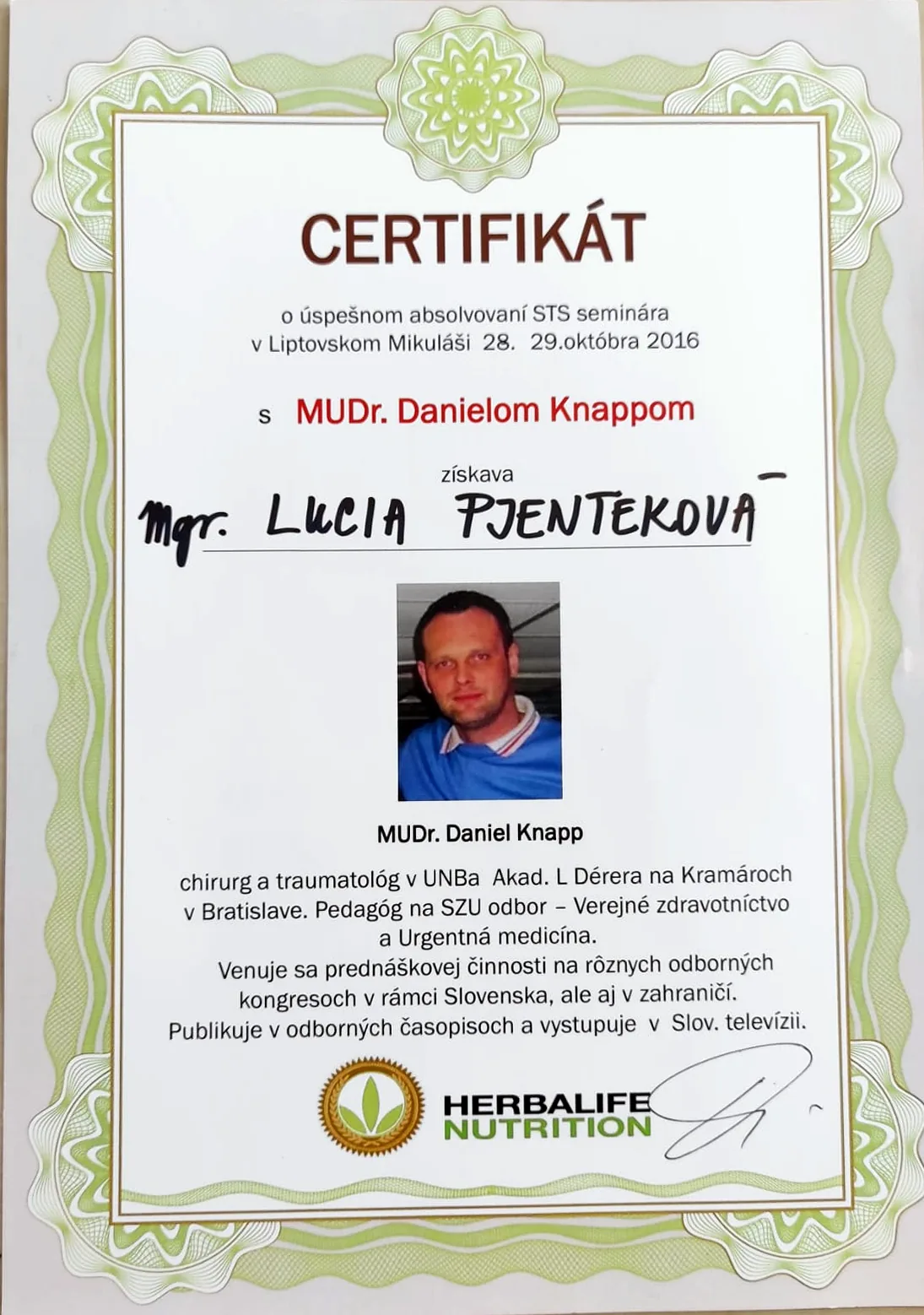Certifikát Herbalife STS - MUDr. Daniel Knapp 2016