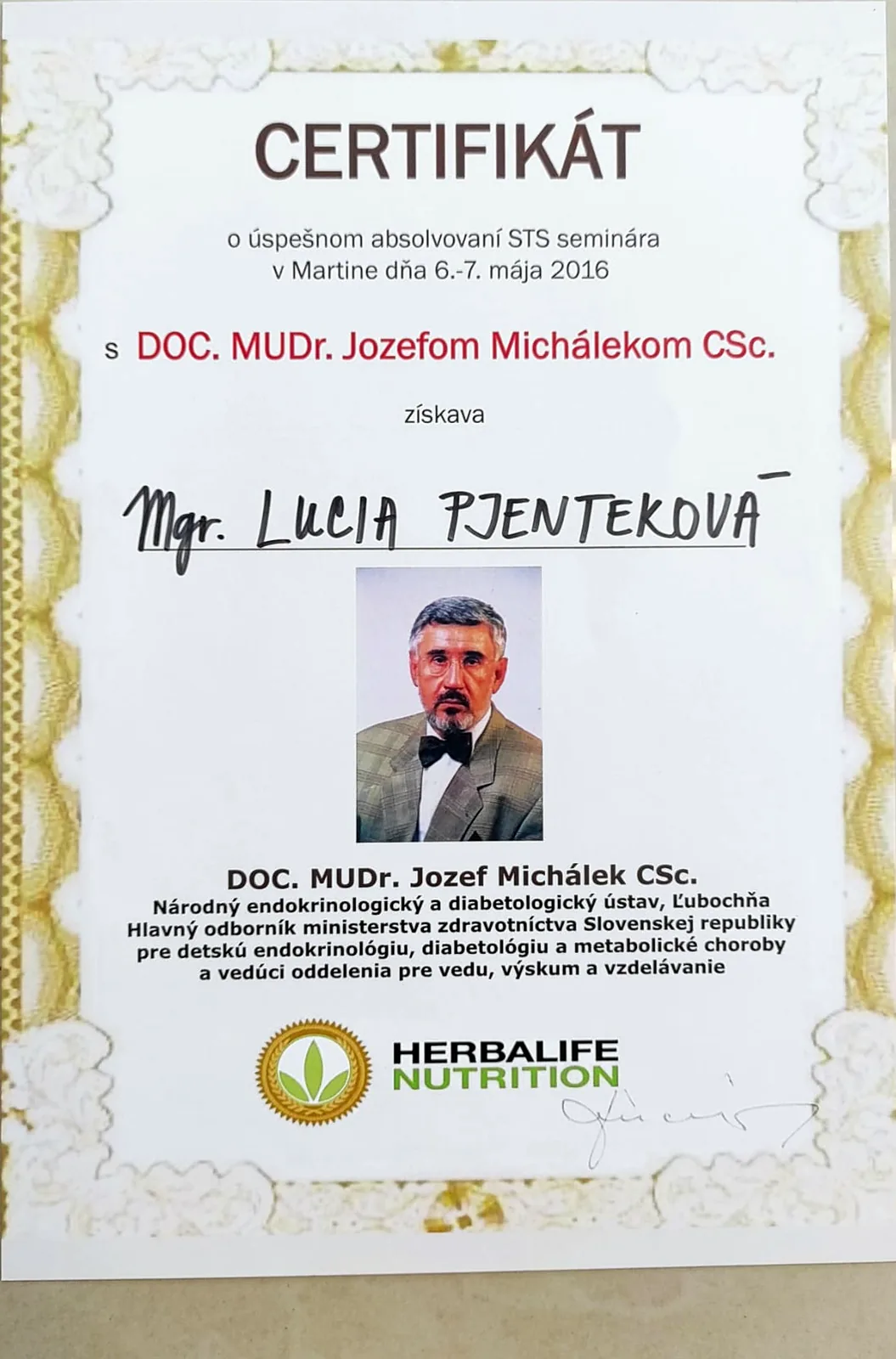 Certifikát Herbalife STS - Jozef Michálek 2016