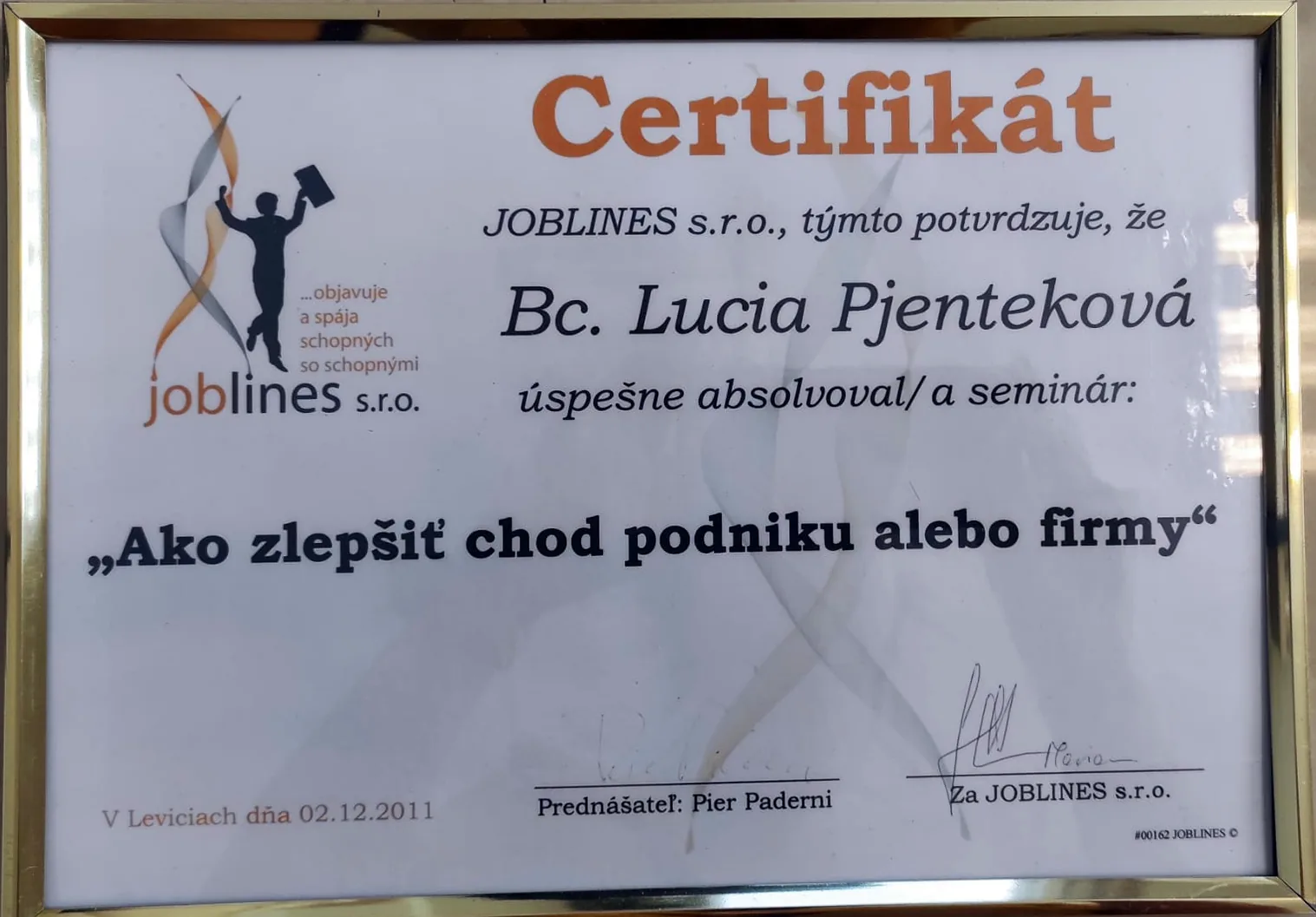 Certifikát Joblines - Ako zlepšiť chod podniku alebo firmy 2011