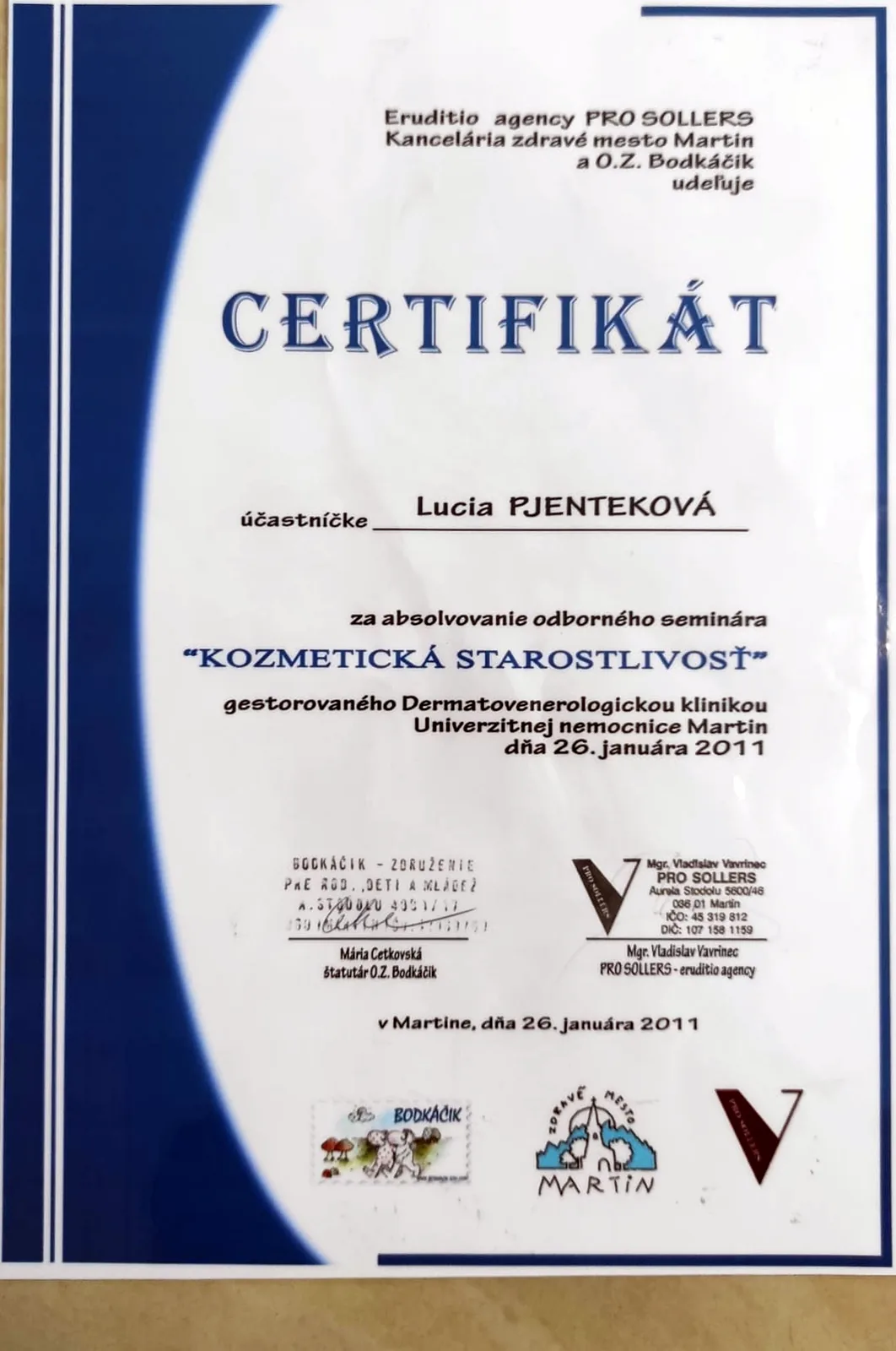 Certifikát Kozmetická starostlivosť 2011 - verzia 1