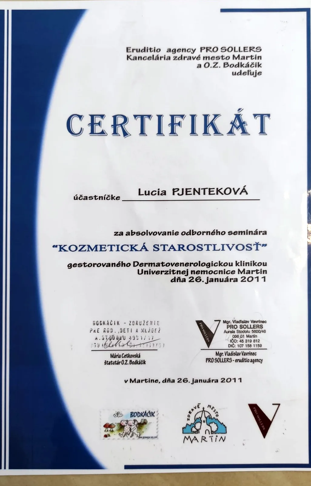 Certifikát Kozmetická starostlivosť 2011 - verzia 2