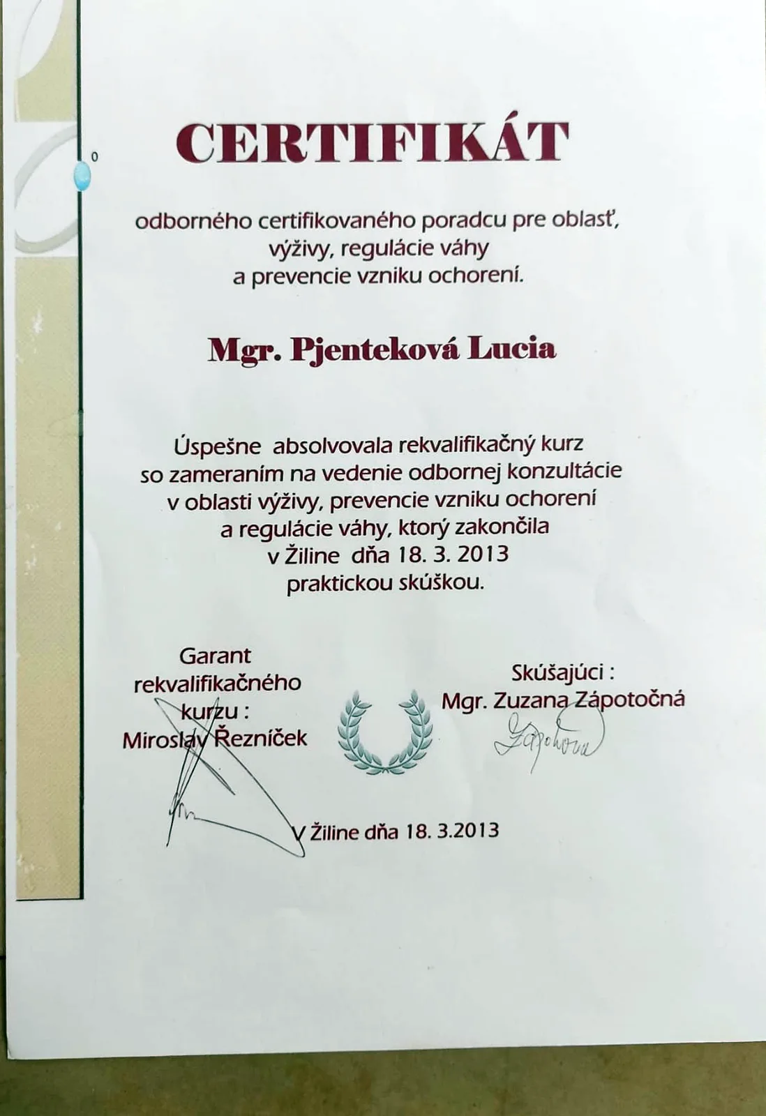 Certifikát Výživa, regulácia váhy a prevencia vzniku ochorení 2013