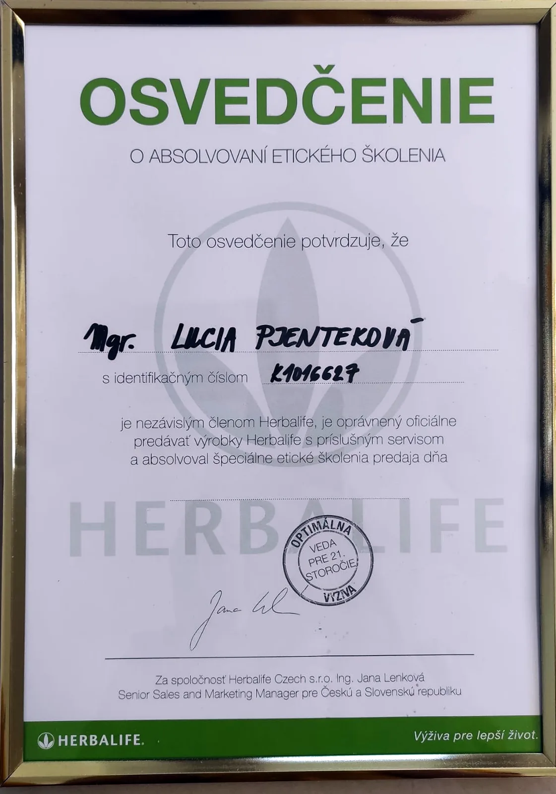 Osvedčenie Herbalife - etické školenie